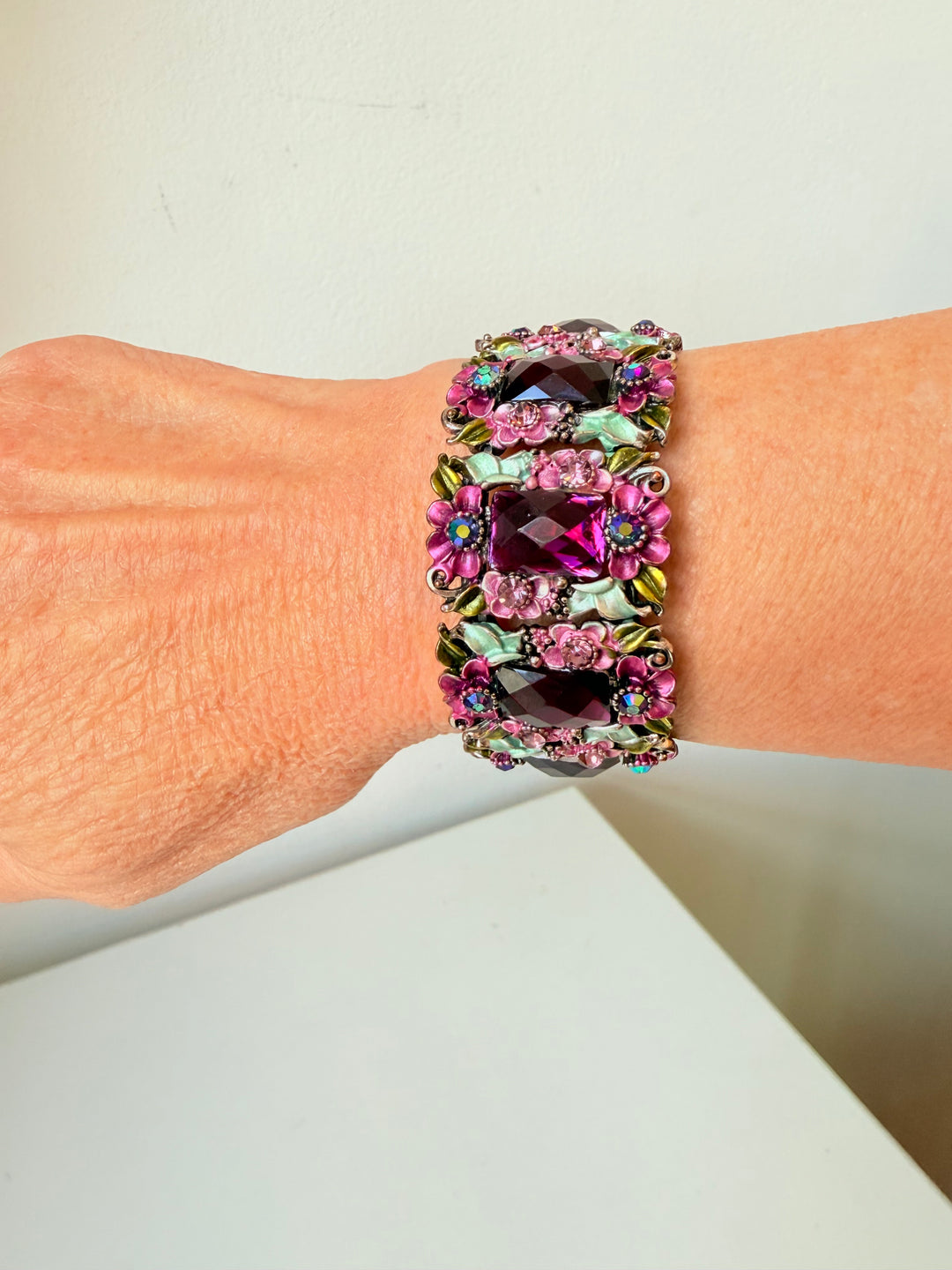 Purple Enamel and Stone Stretch Bracelet