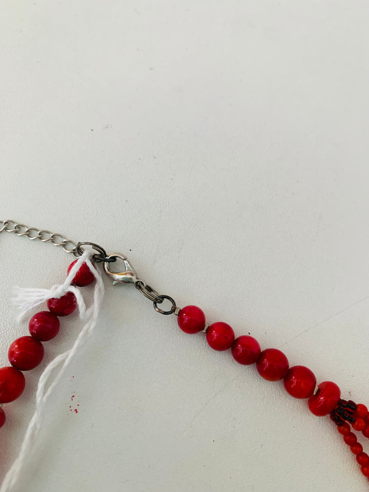 faux Turquoise and Red Beaded Layer Statement Necklace
