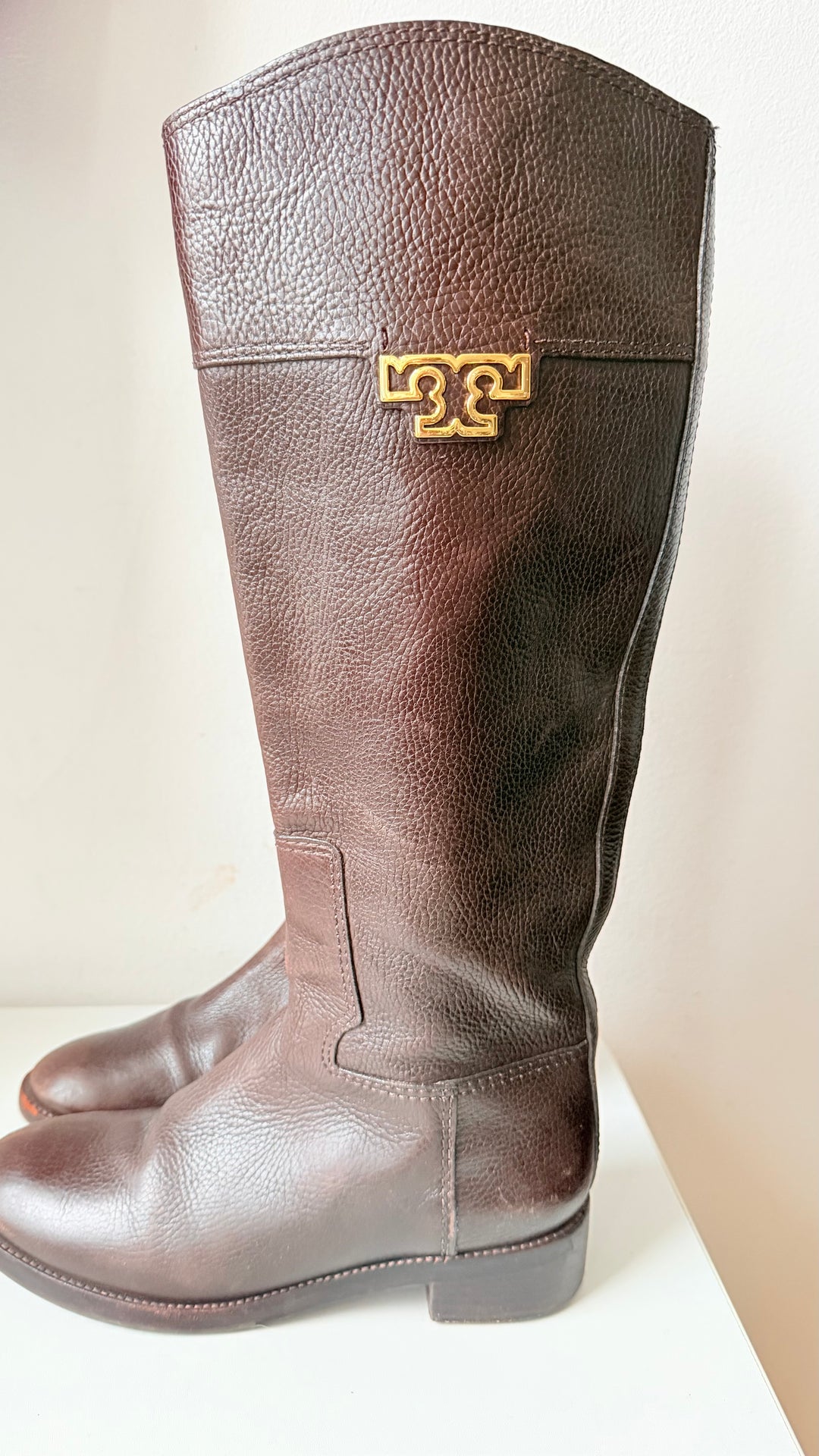 Tory Burch Joanna Pebbled Brown Leather Riding Boots Size 8.5