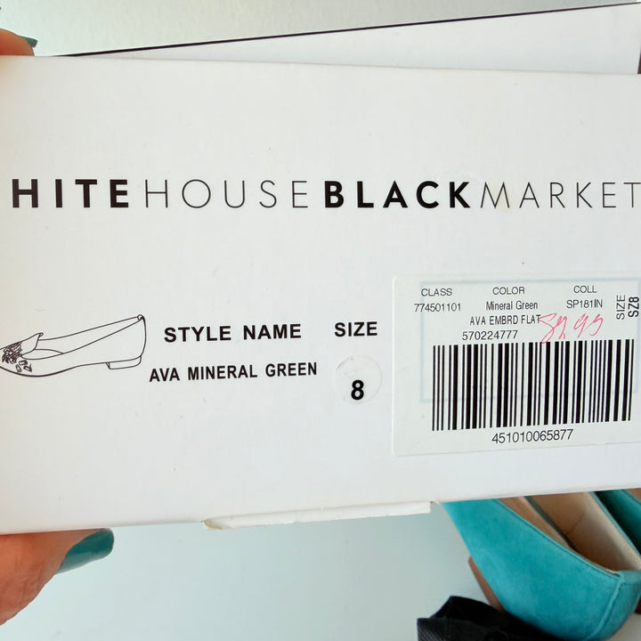 White House Black Market Ava Mineral Green Embroidered Flats Size 8 New In Box