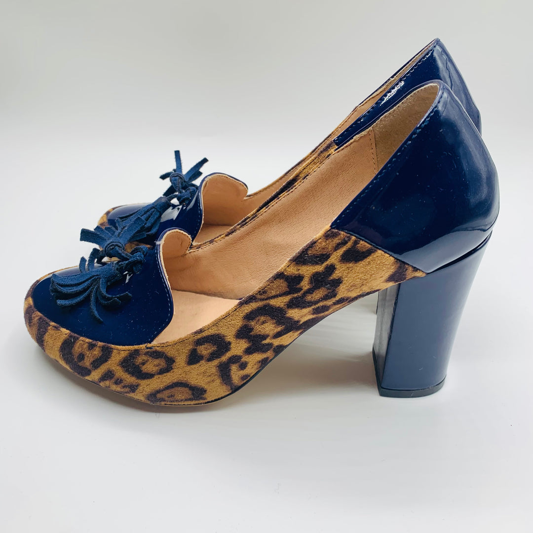 Lehoor Women’s Chunky Block Heel Fringe Pumps in Patent Blue and Leopard Print Size 8