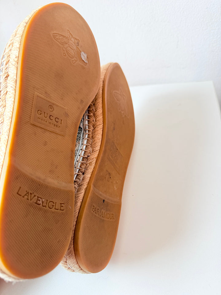 Gucci Heritage GG Lame Napa Silk Silver Monogram Espadrille Size 39
