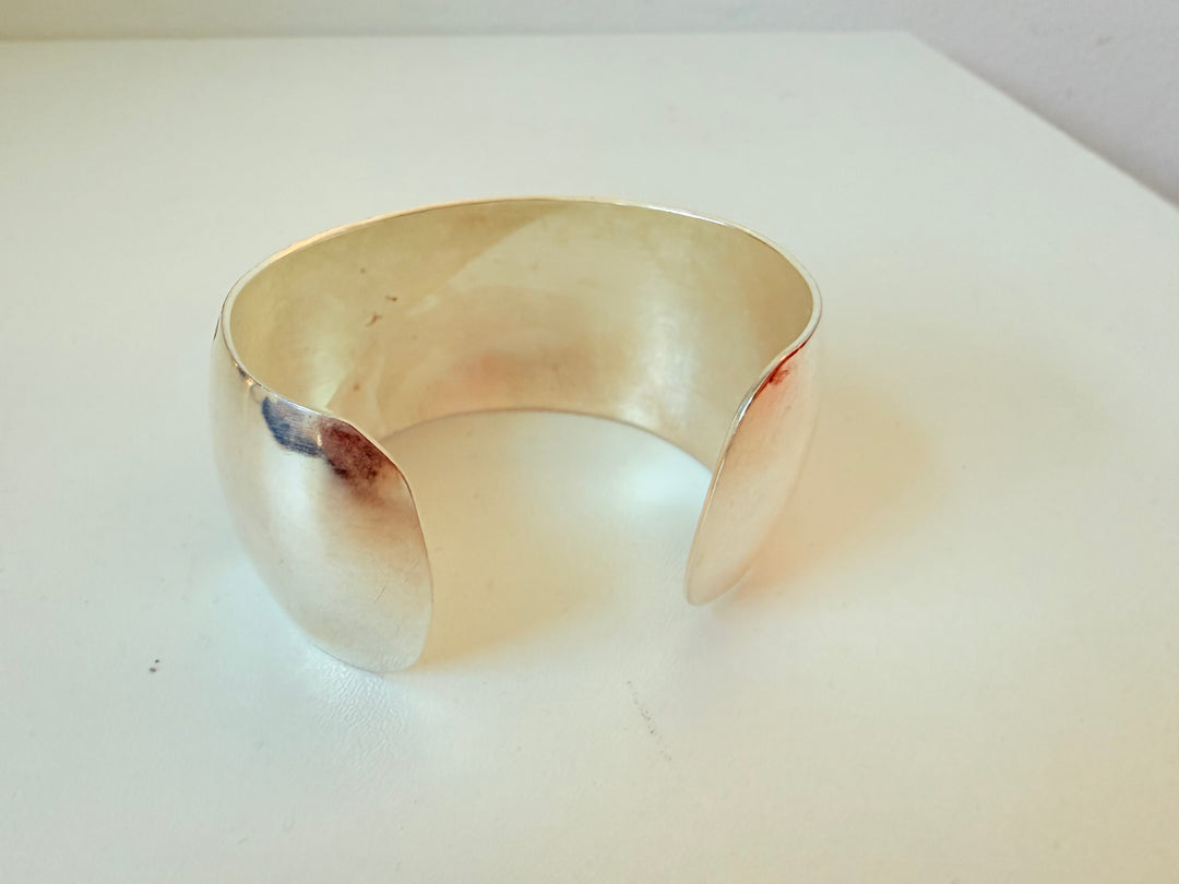 Wide Silver Cuff Bracelet With Oxidized Spiral Design