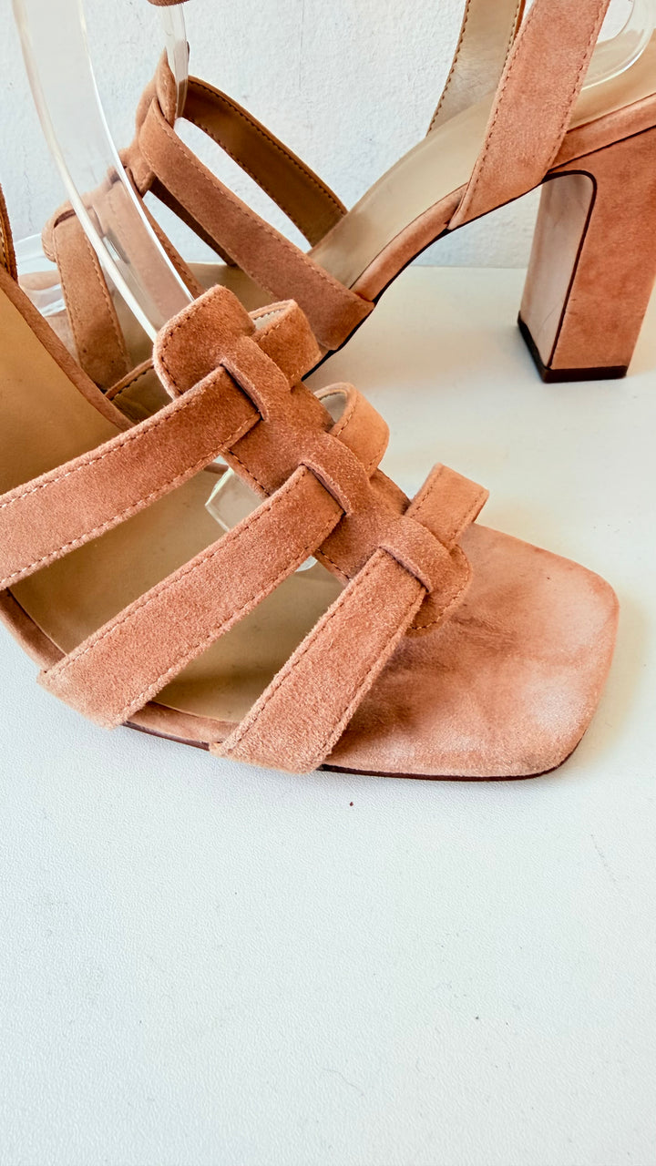 Ann Taylor Arnetta Tan Suede Block Heel Strappy Sandals Size 9