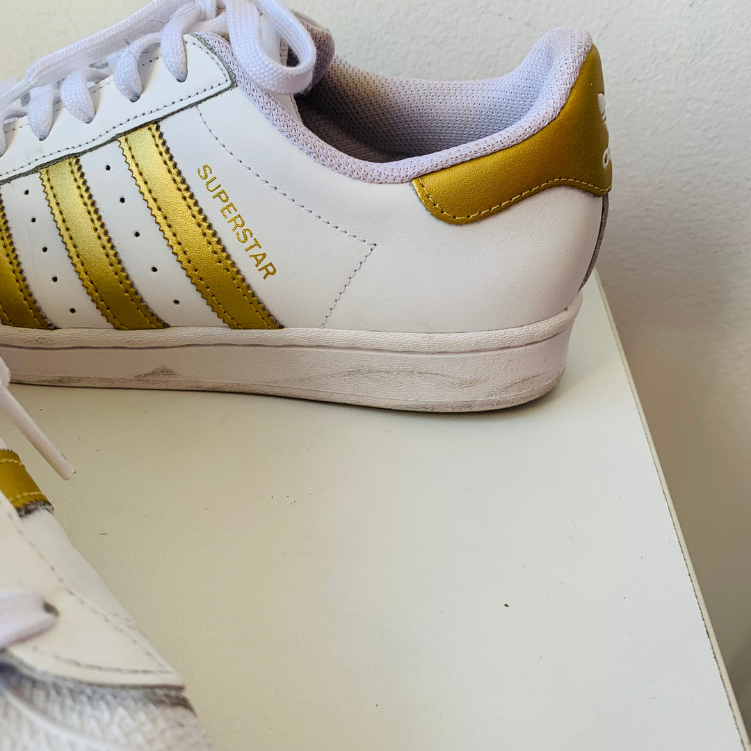 Adidas White and Gold Superstar Sneakers Size 9