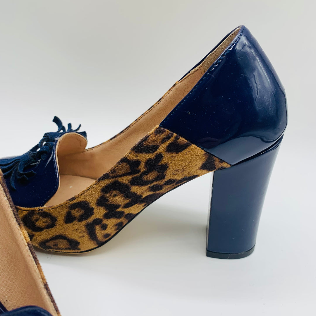 Lehoor Women’s Chunky Block Heel Fringe Pumps in Patent Blue and Leopard Print Size 8