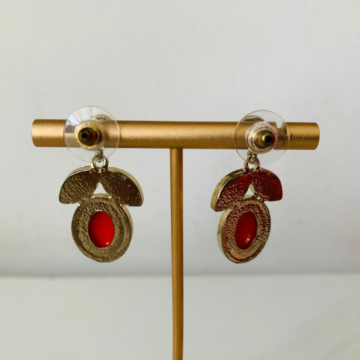 Red Stone and Rhinestone Pierced Earrings