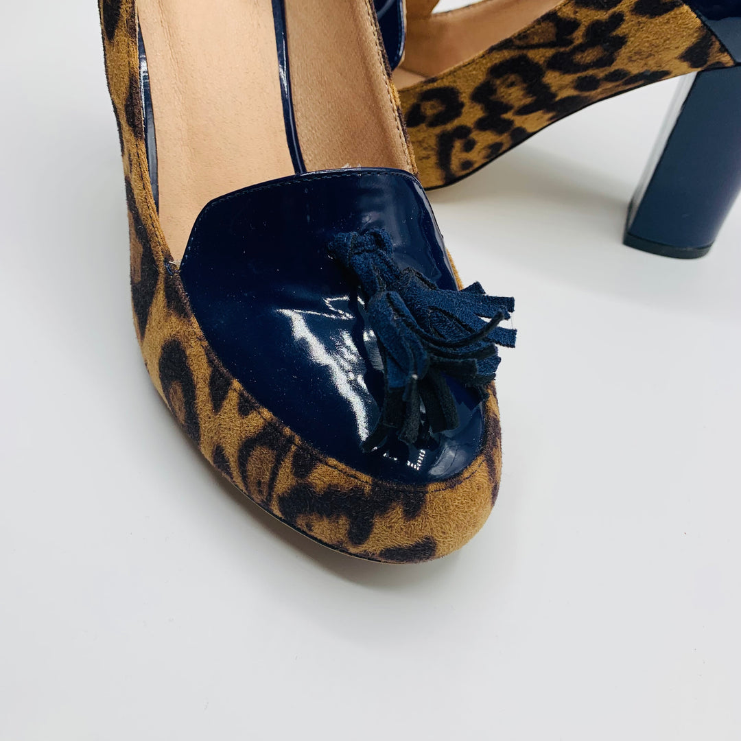 Lehoor Women’s Chunky Block Heel Fringe Pumps in Patent Blue and Leopard Print Size 8