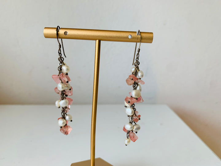 Pink Rough Stone and Pearl Drop Pierced Earrings