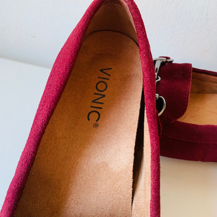Vionic Bibiana Burgundy Suede Leather Loafers With Horsebit Buckle Size 6
