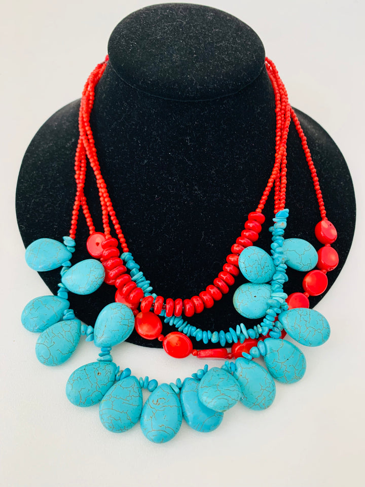 faux Turquoise and Red Beaded Layer Statement Necklace
