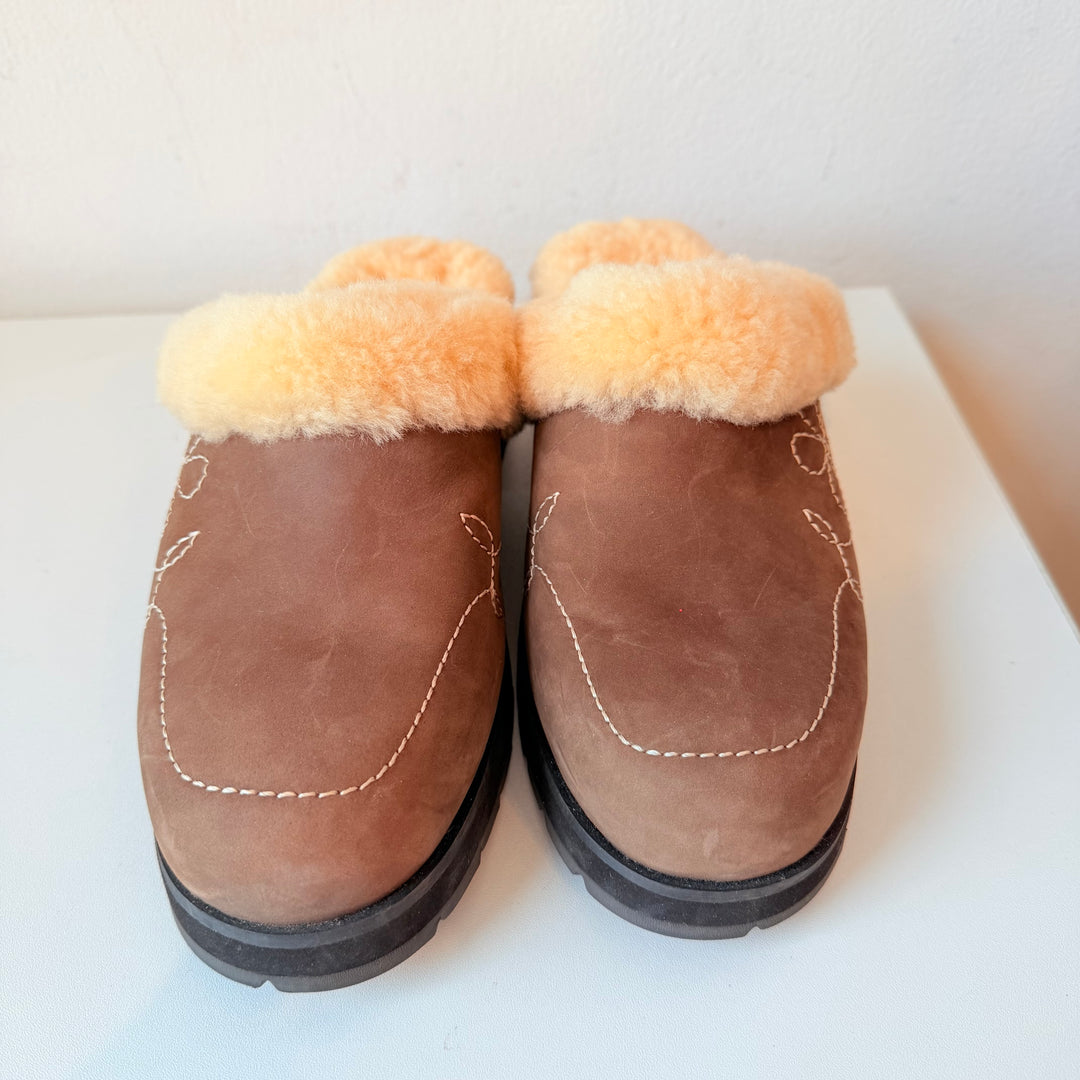 UGG Brown Blossom Embroidered Suede & Sherpa Heeled Mule/Clog Size 9 New