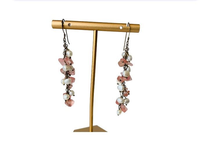 Pink Rough Stone and Pearl Drop Pierced Earrings