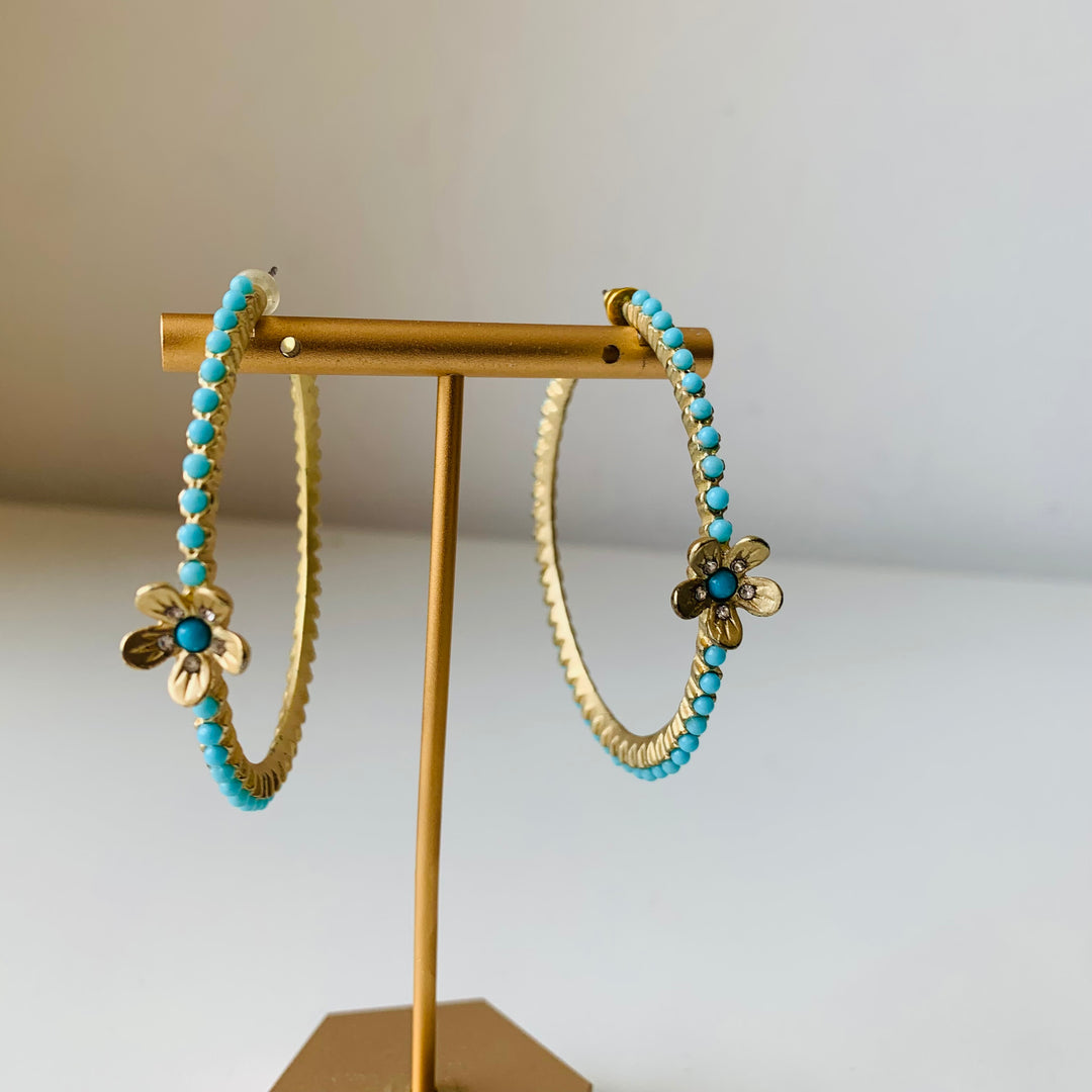 Gold & Turquoise Floral Hopp Pierced Earrings