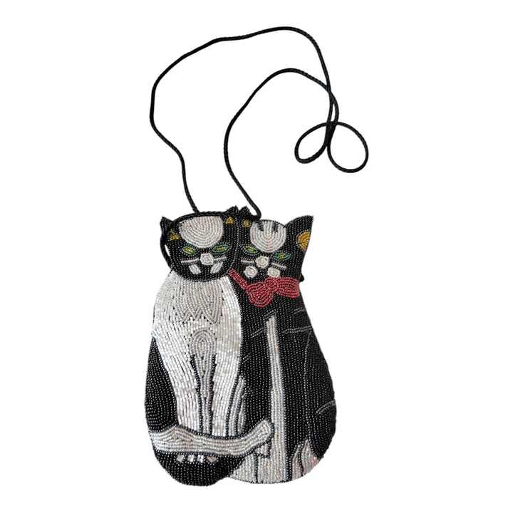 Vintage Lee Sands Hand Beaded Dual Cat Crossbody Handbag