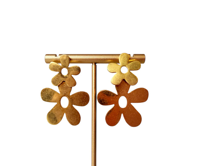 Gold Tone Double Flower Drop Pierced Earrings
