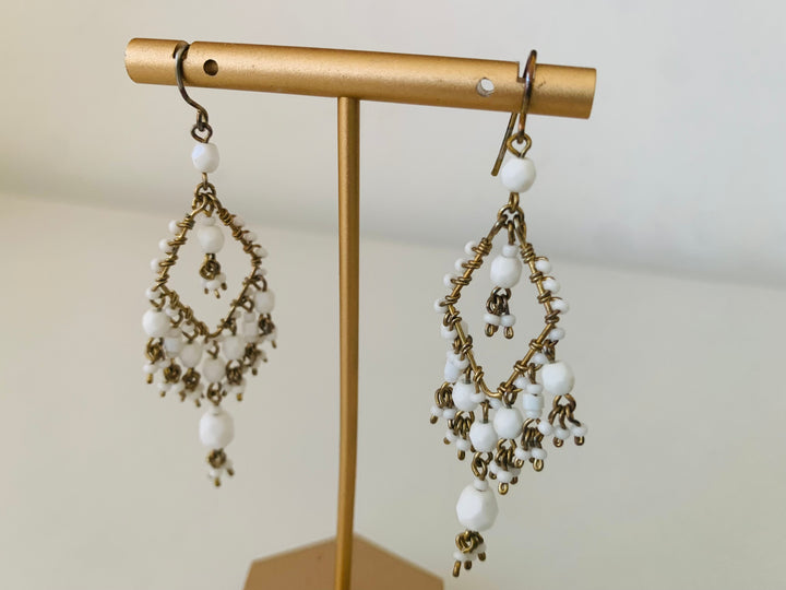 Dangling White Beaded Pierced Chandalier Earrings
