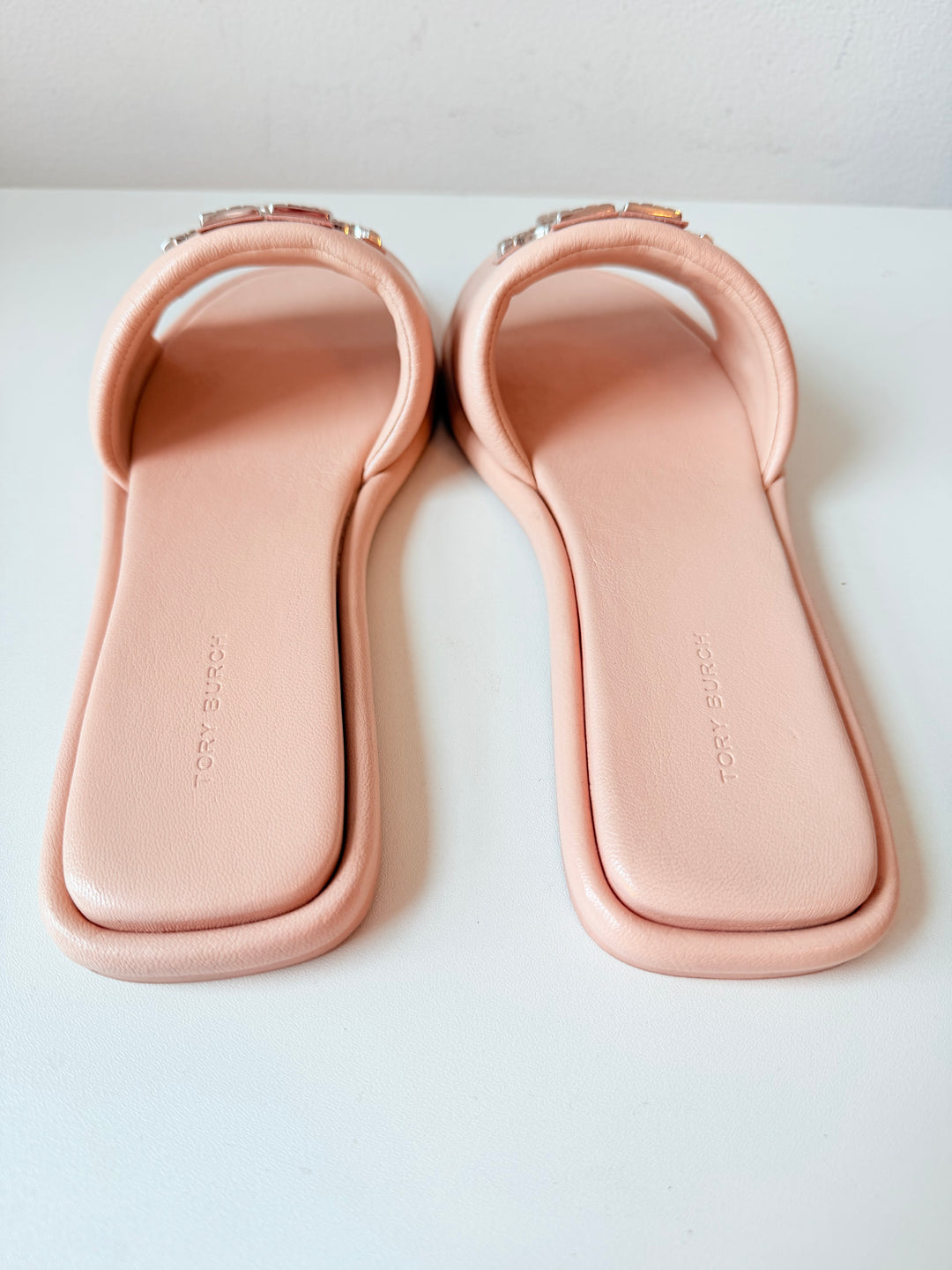 Tory Burch Double T Deco Rhinesone Sport Slides in Pink Goat Leather Size 8.5