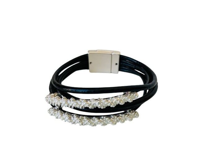 Black Rhinestone and Leather Magnetic Bracelet
