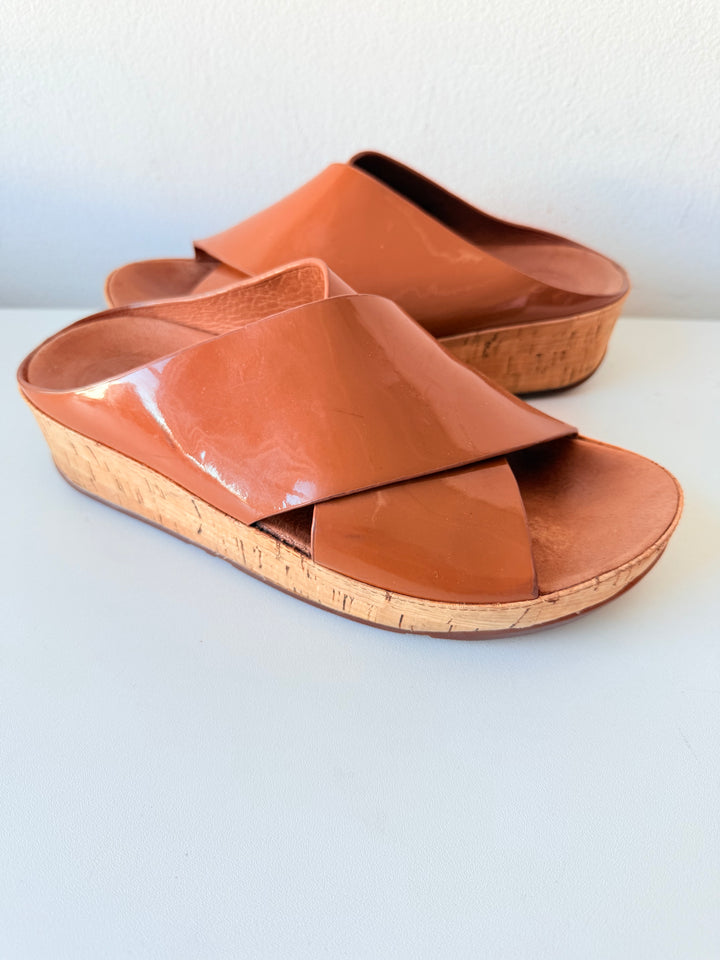 Fitop Brown Patent Criss Cross Cork Platform Sandals Size 7
