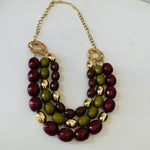 Three Layer Cranberry/Green Beaded Statement Necklace