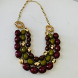 Three Layer Cranberry/Green Beaded Statement Necklace