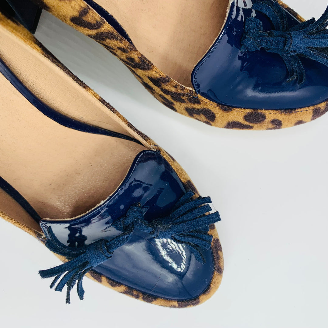 Lehoor Women’s Chunky Block Heel Fringe Pumps in Patent Blue and Leopard Print Size 8