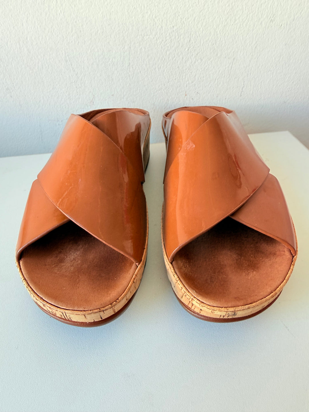 Fitop Brown Patent Criss Cross Cork Platform Sandals Size 7