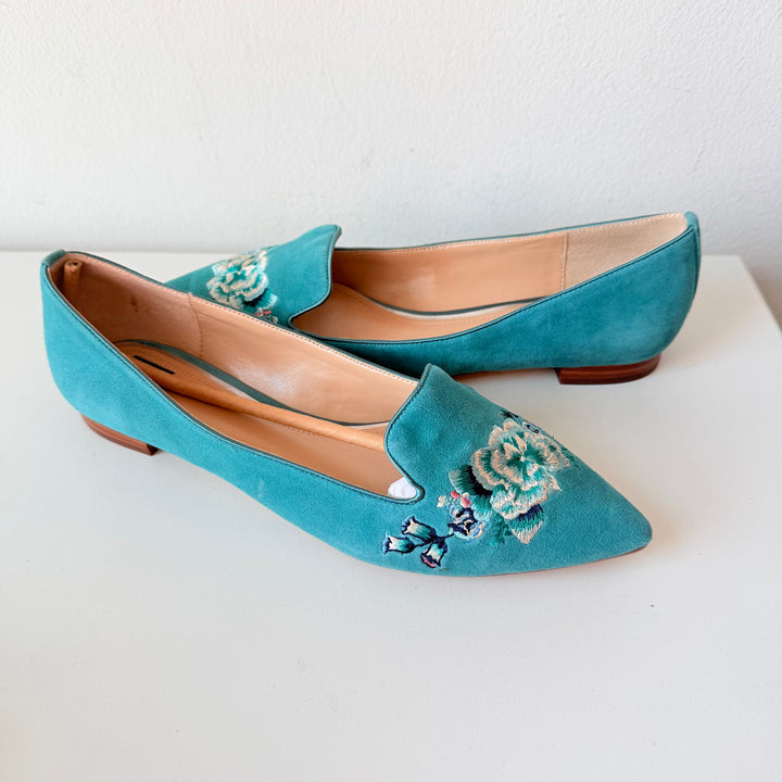White House Black Market Ava Mineral Green Embroidered Flats Size 8 New In Box