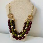 Three Layer Cranberry/Green Beaded Statement Necklace