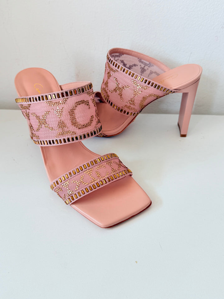 Camilla Alexia Embellished Slim Block Heel Mules In Nude/Pink Size 38