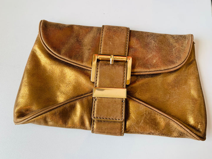 Michael Michael Kors Dark Gold/Bronze Mettalic Heidi Buckle Clutch Handbag