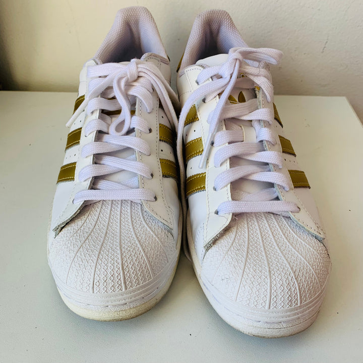 Adidas White and Gold Superstar Sneakers Size 9