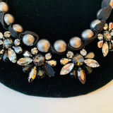 Loft Faux Grey Pearl Rhinestone Ribbon Statement Necklace