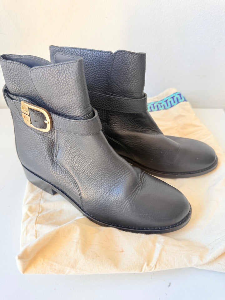 Tory Burch Black Tumbled Leather Brooke Gold Logo Boots Size 6