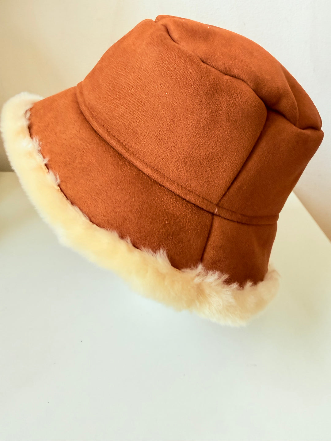 Surell Chestnut Suede Shearling Cloche Bucket Hat