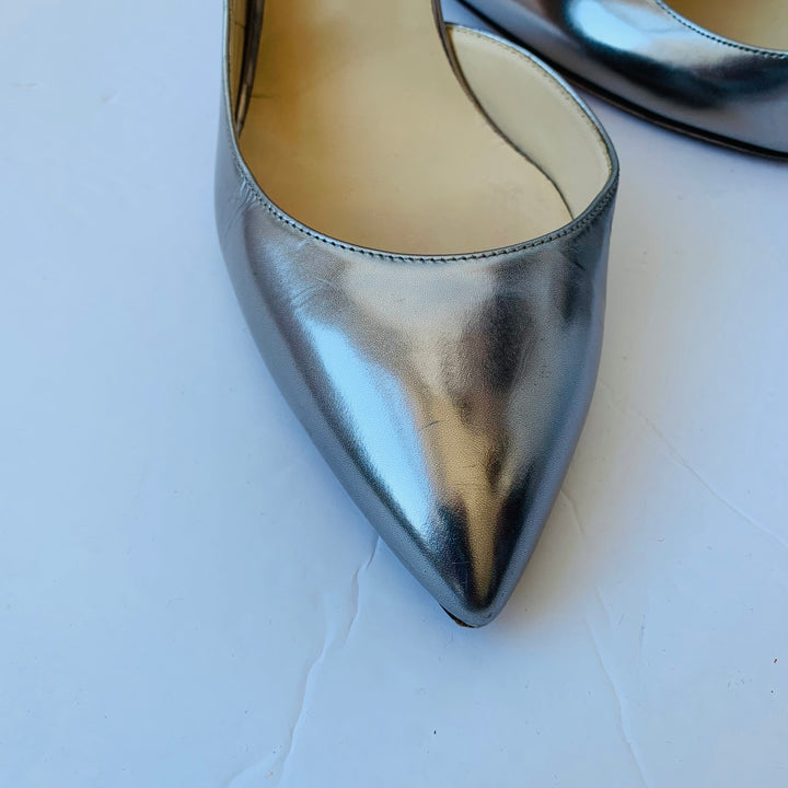 Jimmy Choo Lucy 100 Women’s Silver Metallic Leather D’Orsay Pointy Toe Ankle Strap Pumps Size 40