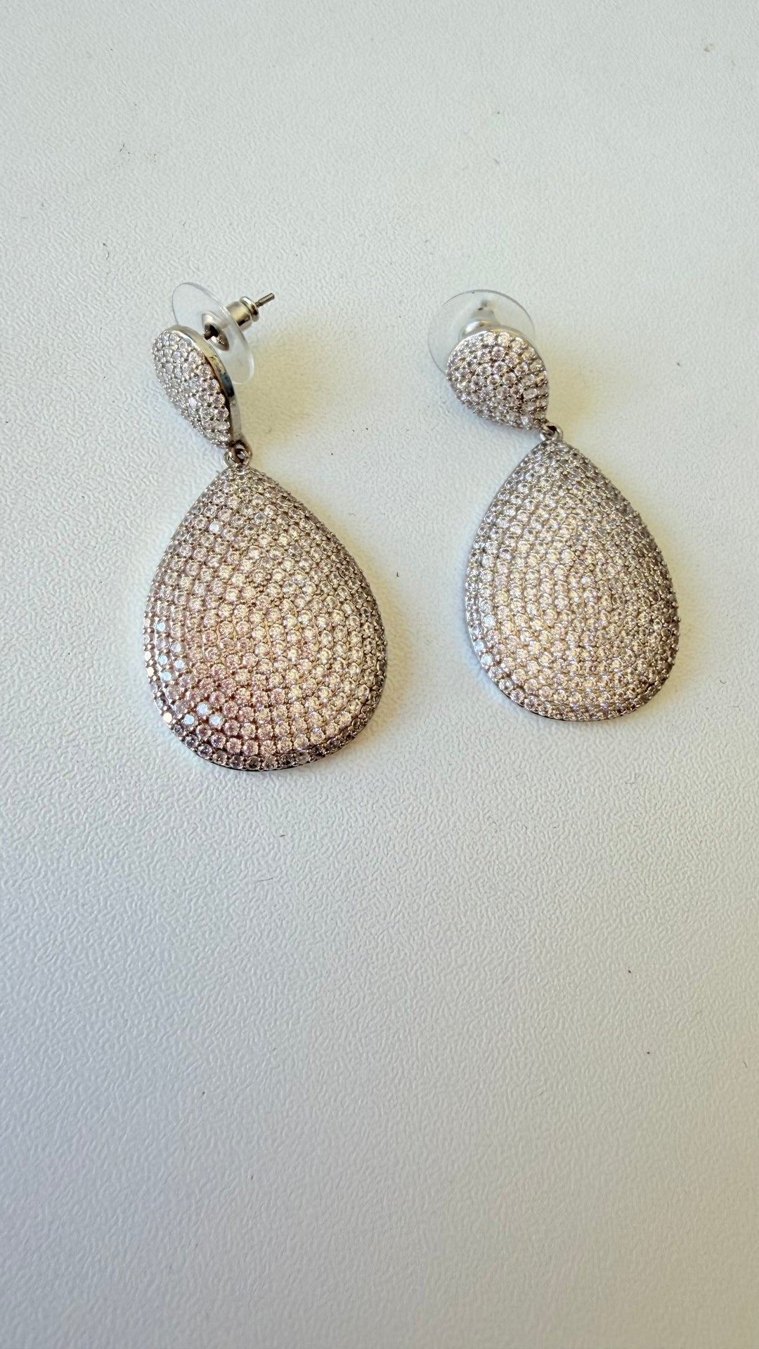 Crystal Rhinestone Pave Double Teardrop Silvertone Pierced Earrings