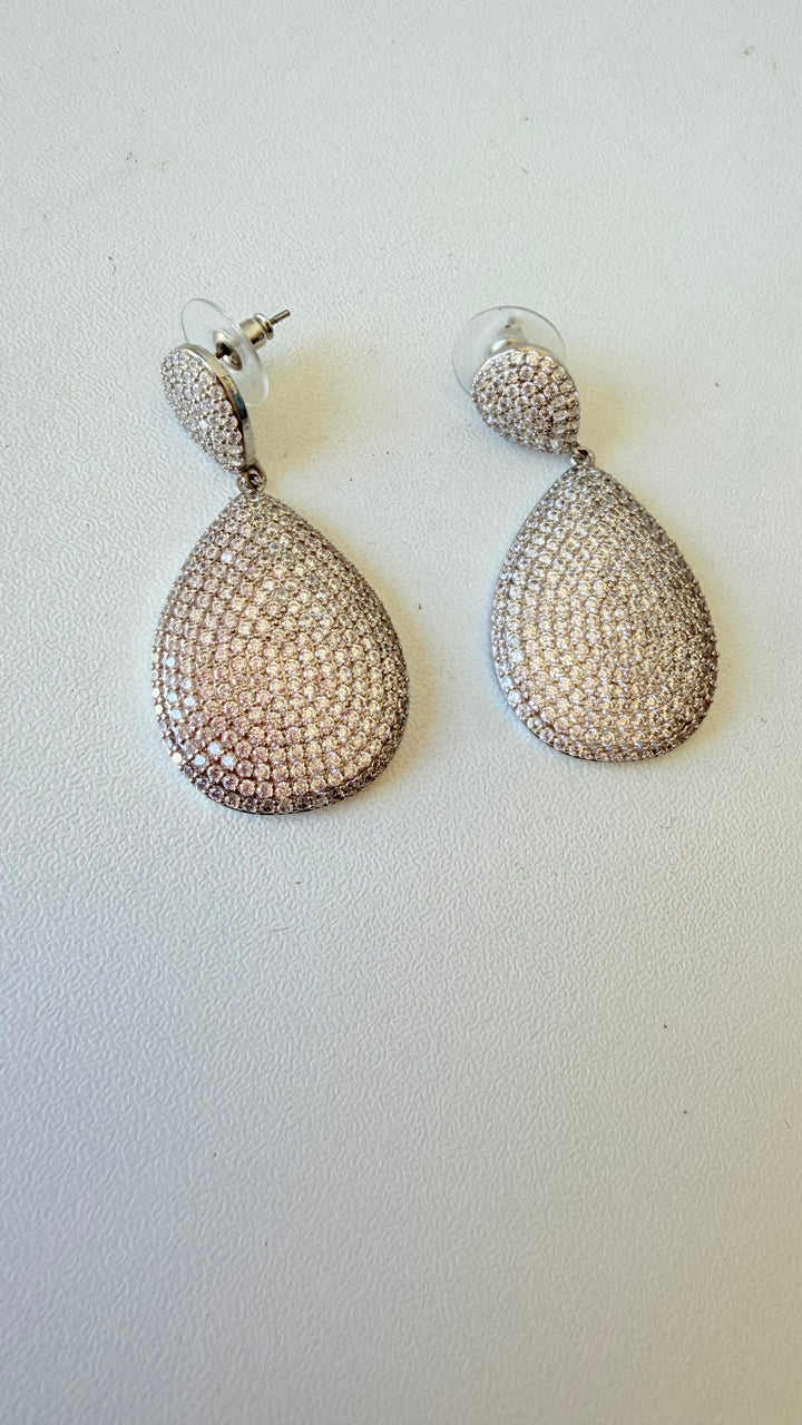 Crystal Rhinestone Pave Double Teardrop Silvertone Pierced Earrings