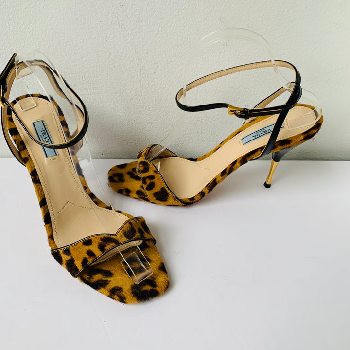 Prada Pony Hair Animal Print Strappy Peep Toe Sandal/Heels Size 40