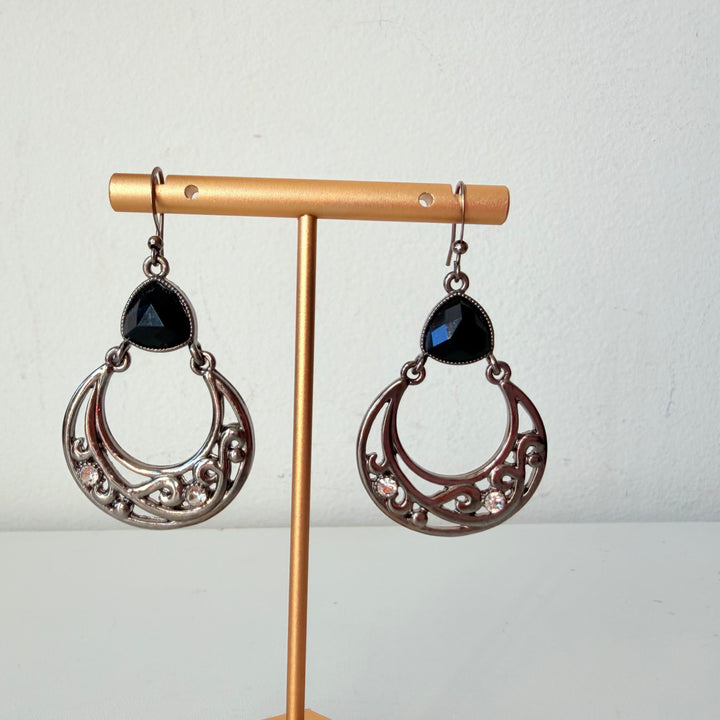 Silver & Black Rhinestone Stone Drop Hoop Pierced Earrings