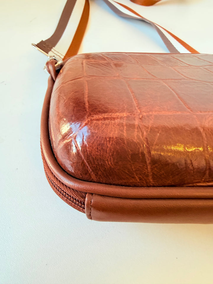 Brown Faux Croc Hard Case Leather Zip Crossbody