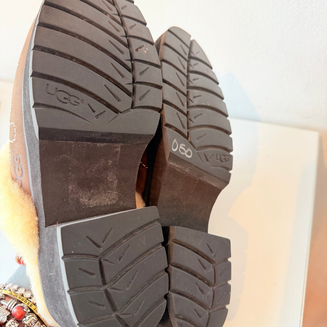 UGG Brown Blossom Embroidered Suede & Sherpa Heeled Mule/Clog Size 9 New