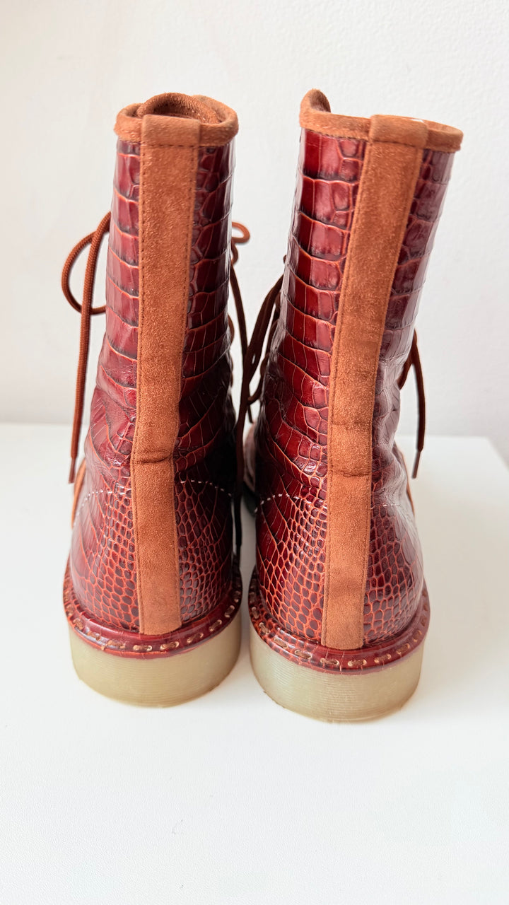Max Mara Crocodile Print Leather Combat Boots Size 38