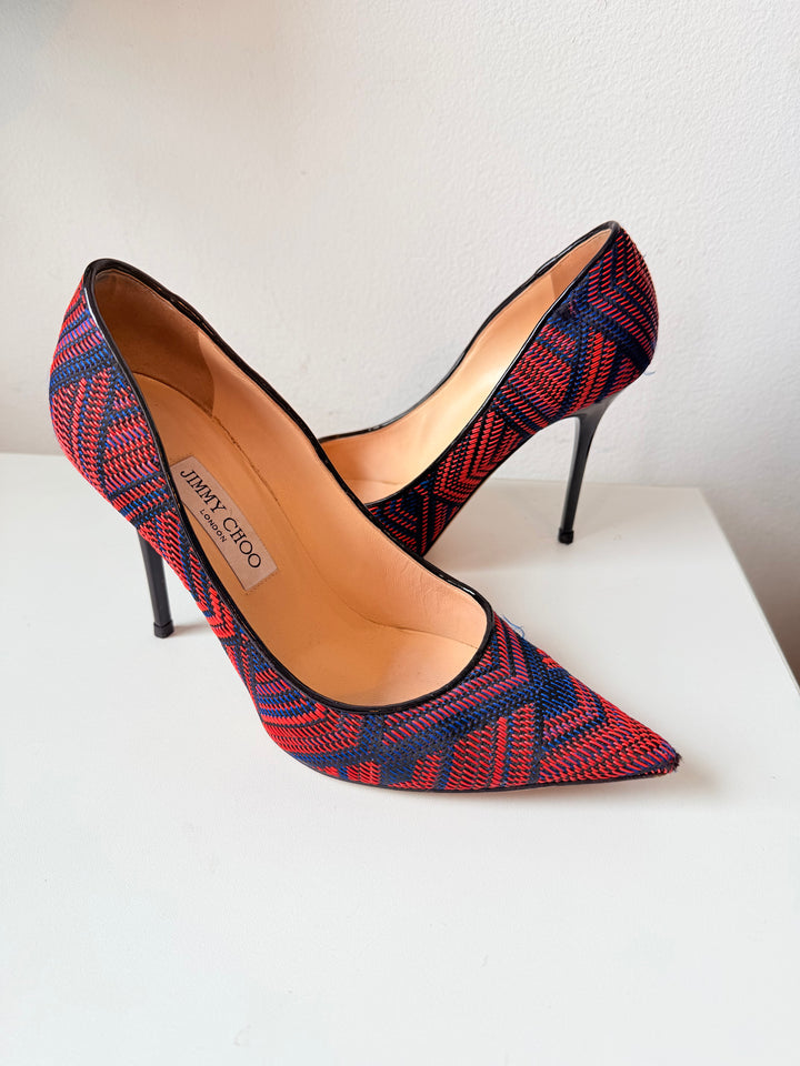 Jimmy Choo Abel Pointed Woven Fabric Red/Blue Pumps Size 39.5