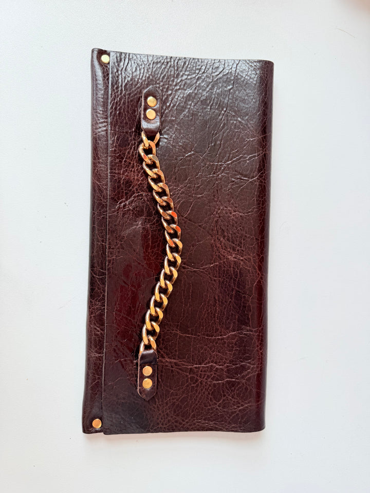 Moss Mills Dark Brown Textured Leather Clutch With Gold Chain Detail