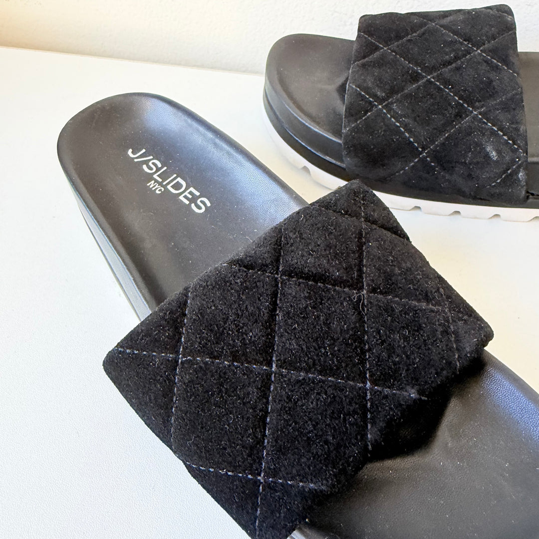 J/Slides NYC Rio Black Quilted Suede Slip On Platfork Sandals Size 6.5 New