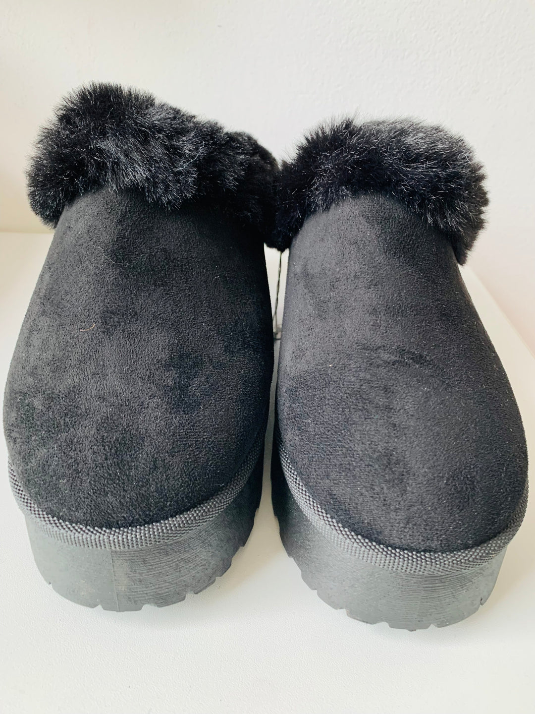 Black Suede and Faux Fur Platform Mules Size 10