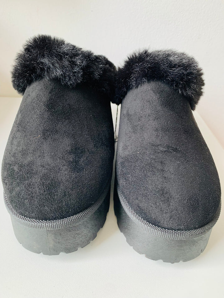 Black Suede and Faux Fur Platform Mules Size 10