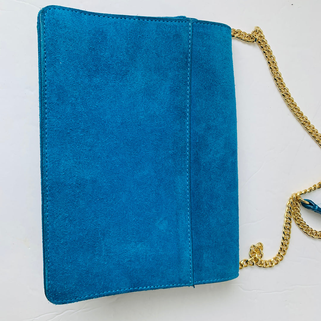 Banana Republic Royal Blue Suede Flap Over Crossbody Handbag With Gold Chain
